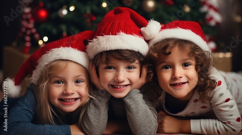 Group portrait of diverse kids girls with decorated Christmas trees looking at camera