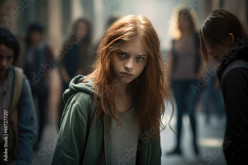 Wallpaper Mural thin girls bullying a girl who is fat at school, showing the girl's insecurity and sadness. Torontodigital.ca