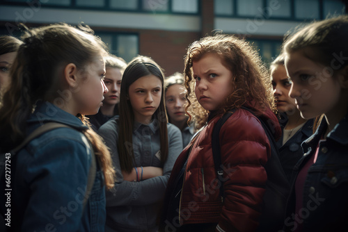 thin girls bullying a girl who is fat at school, showing the girl's insecurity and sadness.