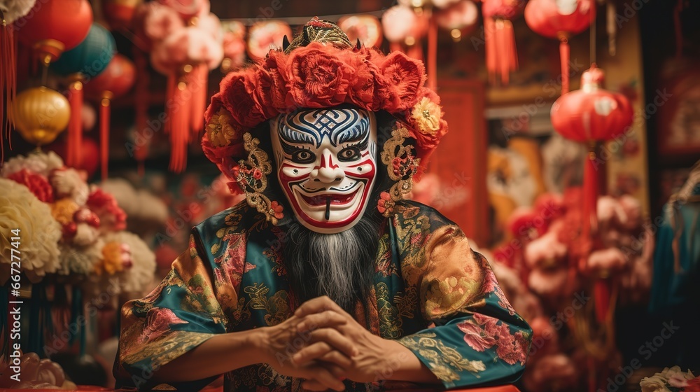 Chinese new year. Man at festival wearing traditional Chinese masked costume