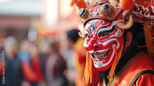 Chinese new year. Man at festival wearing traditional Chinese masked costume photo