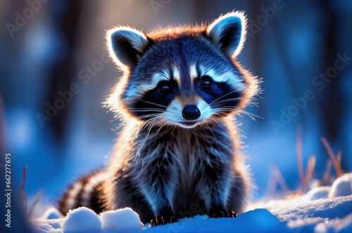 One fluffy baby raccoon cub sitting on the white snow in winter frosty day