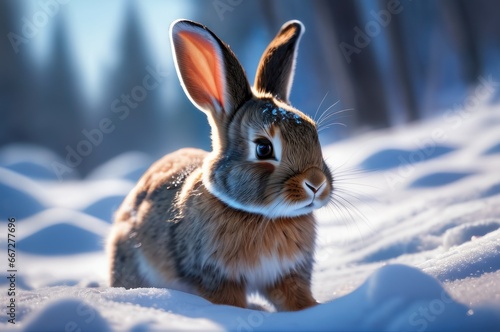 Small gray rabbit or hare cub sitting in snowy forest. Sweet bunny rabbit hare. Wild rabbit or hare in a winter field with first snow in it animal natural habitat.