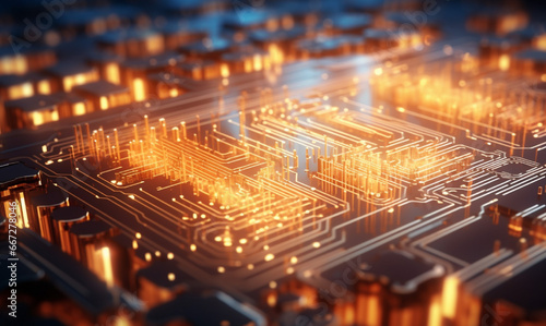 Circuit board with microchips and processor close-up. 3D rendering