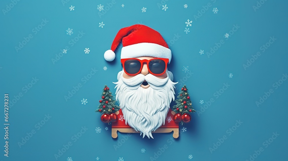 Creative Christmas composition. Greeting card, invitation or flyer. Santa Claus hipster with hat, beard and sunglasses on blue background