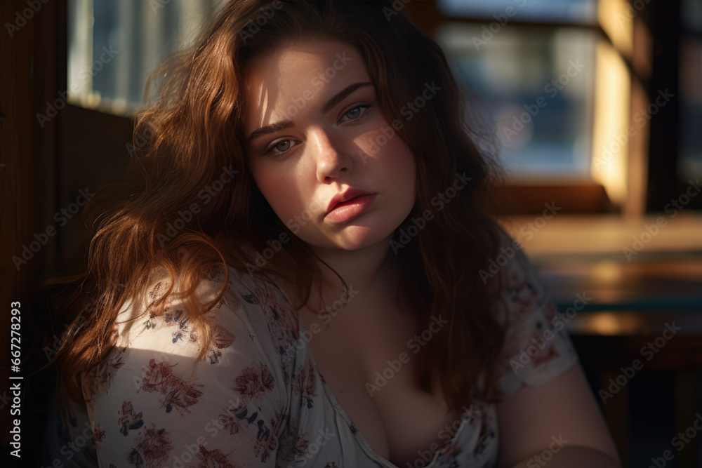 beautiful, fat girl in her teens, sad, having insecurities about her body and weight. beautiful, fat girl in her teens, sad, having insecurities about her body and weight.