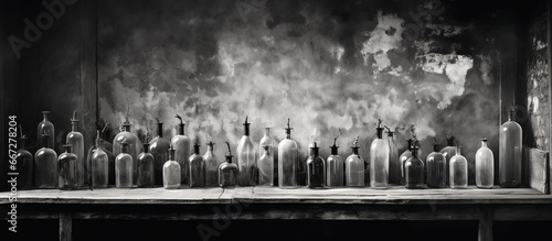 Monochrome image capturing vintage glass bottles in an aged interior