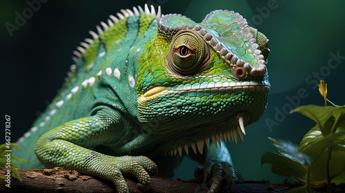 Vibrant Camouflage: Close-Up of a Green Chameleon. Generative AI © Sascha