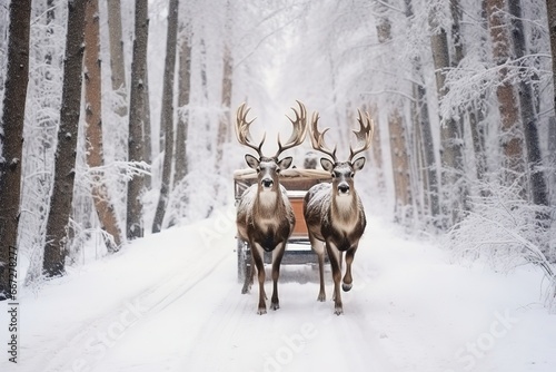 Deer are driving a cart in a snowy forest on a snowy road on the eve of the New Year and Christmas holidays