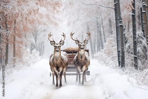 Deer are driving a cart in a snowy forest on a snowy road on the eve of the New Year and Christmas holidays