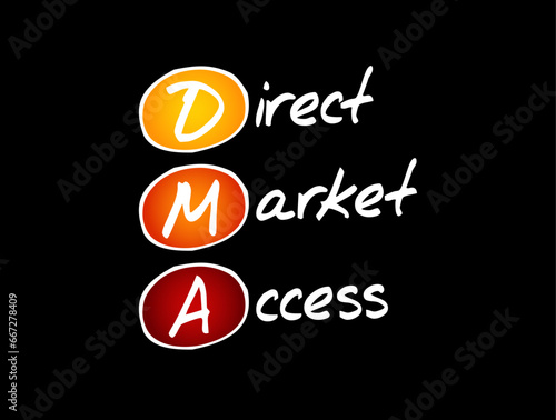 DMA Direct Market Access - access to the electronic facilities and order books of financial market exchanges, acronym text concept background