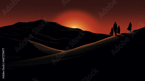 Man in the desert. 3D illustration. Sunset over the desert.