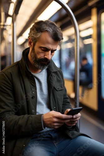 Caucasian man with beard engrossed in smartphone scrolls through messages completely immersed in digital realm unaware of bustling commuters around in metro. Man captivated by messages on screen.