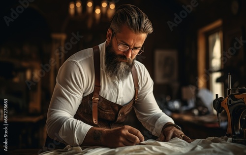 A cute tailor male with beard and glasses working near wooden table in an amazing atelier with antique furniture