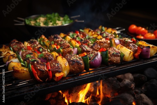 Assorted delicious grilled meat with vegetables on barbecue grill with smoke and flames. Fresh Herbs and Spices. Summer Barbecue Food.