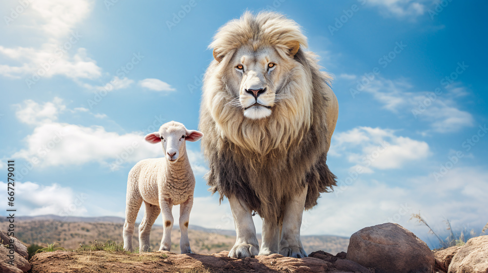 Fototapeta premium Christian parable of the lion and the lamb