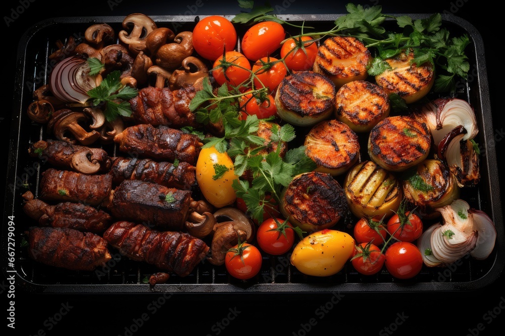 Top view assorted delicious grilled meat with vegetables on barbecue grill with smoke and flames. Fresh Herbs and Spices. Summer Barbecue Food. Top view assorted delicious grilled meat with vegetables on barbecue grill with smoke and flames. Fresh Herbs and Spices. Summer Barbecue Food.