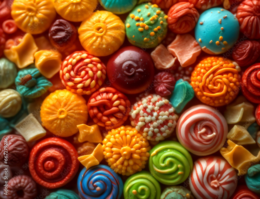 Close-up of Sweets multi colored candies on a dark color background.