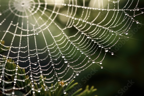 Fresh dew on a spider web, glistening in morning.