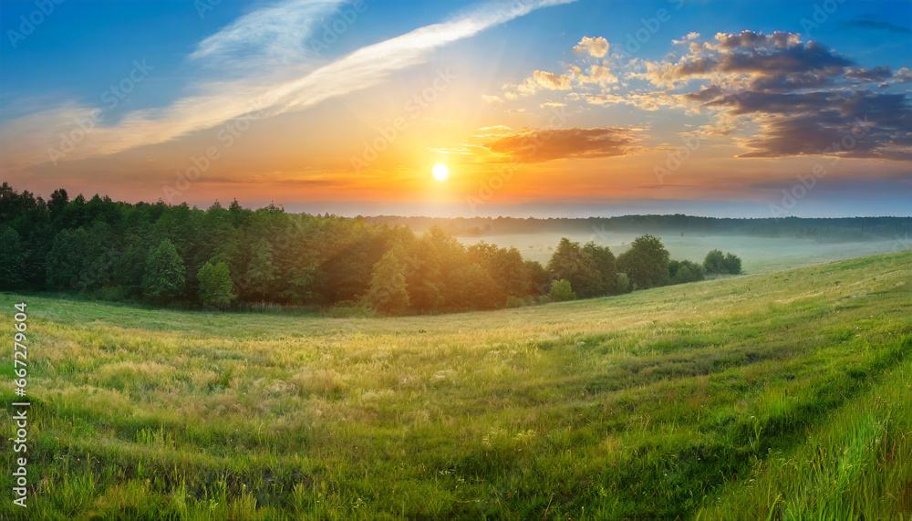 panorama landscape with sun and forest and meadow at sunrise