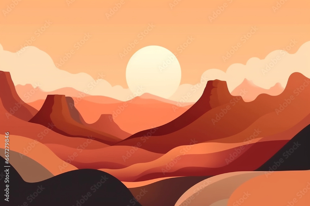Abstract 3d illustration of landscape with trees, mountains and flowers.