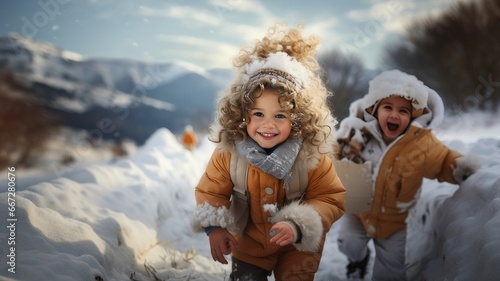 Cheerful baby enjoying the snow, smiling and looking at the camera.