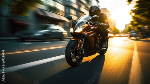 Sports motorcycle biker rider on blurred city street © BeautyStock
