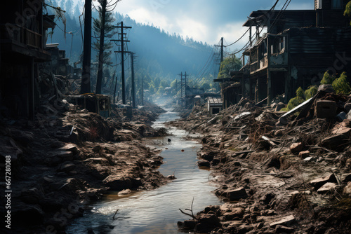 A devastated landscape after a natural disaster, underlining the importance of disaster preparedness and response. Concept of disaster management. Generative Ai.