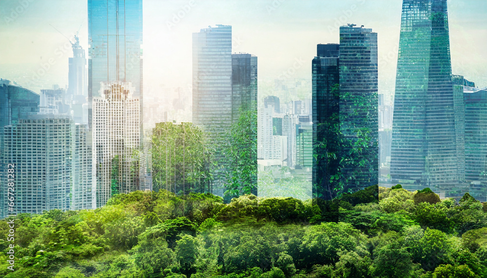 double exposure of lush green forest and modern skyscrapers windows of building green city concept
