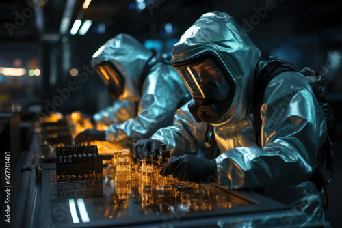 Scientists in protective gear working in a highly controlled environment with radioactive materials. Concept of nuclear research and safety protocols. Generative Ai.