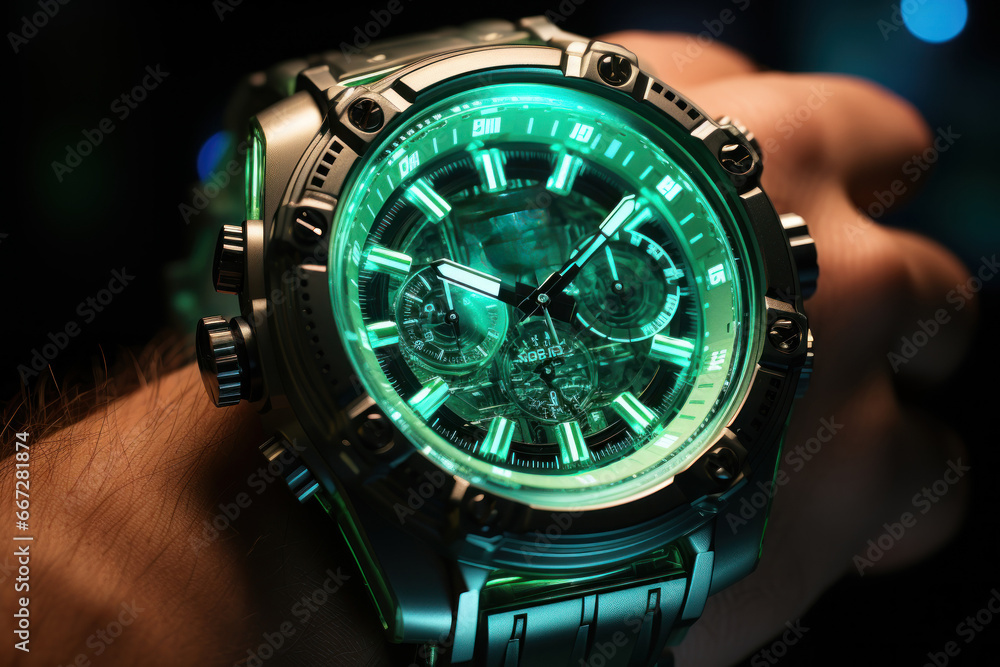 A person holding a tritium-powered glow-in-the-dark watch, showcasing the everyday use of nuclear technology. Concept of everyday applications. Generative Ai. A person holding a tritium-powered glow-in-the-dark watch, showcasing the everyday use of nuclear technology. Concept of everyday applications. Generative Ai.