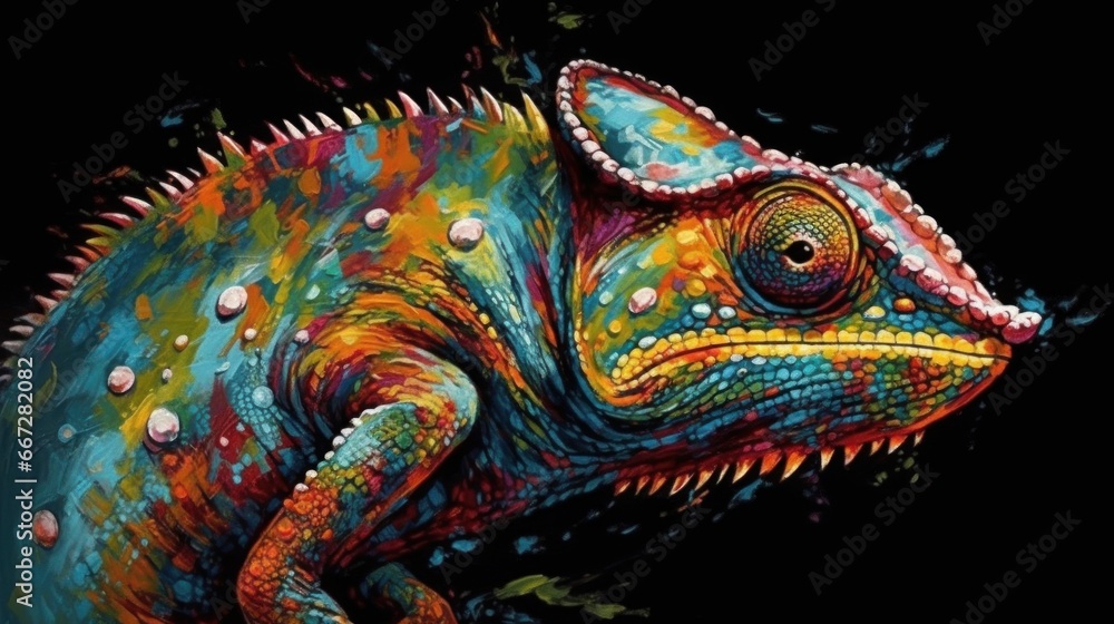 Colorful chameleon on black background. Wildlife Concept. Background with Copy Space.