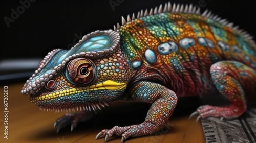 Colorful chameleon on a black background, close-up. Wildlife Concept. Background with Copy Space.