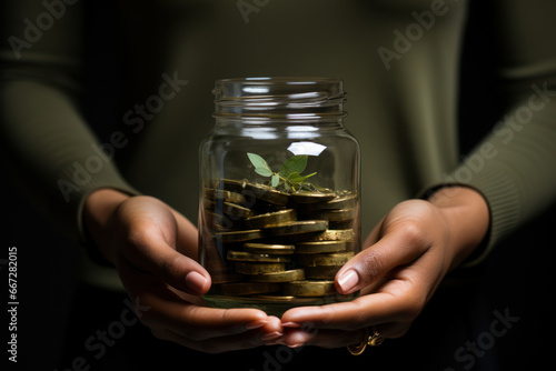 A person donating to a humanitarian organization, contributing to the realization of human rights. Concept of humanitarian assistance. Generative Ai.