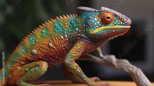 Close up of a chameleon on a wooden stand. This reptile has the scientific name Chamaeleo calyptratus. Wildlife Concept. Background with Copy Space.