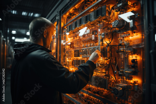 Technicians inspecting the safety features of a nuclear power plant, emphasizing rigorous safety measures. Concept of nuclear safety. Generative Ai. © Sebastian