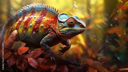 Colorful chameleon in the forest. Wildlife Concept. Background with Copy Space.