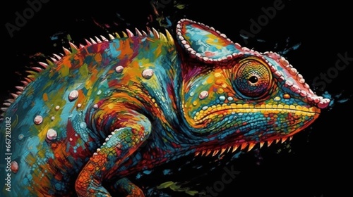 Colorful chameleon on black background. Wildlife Concept. Background with Copy Space.