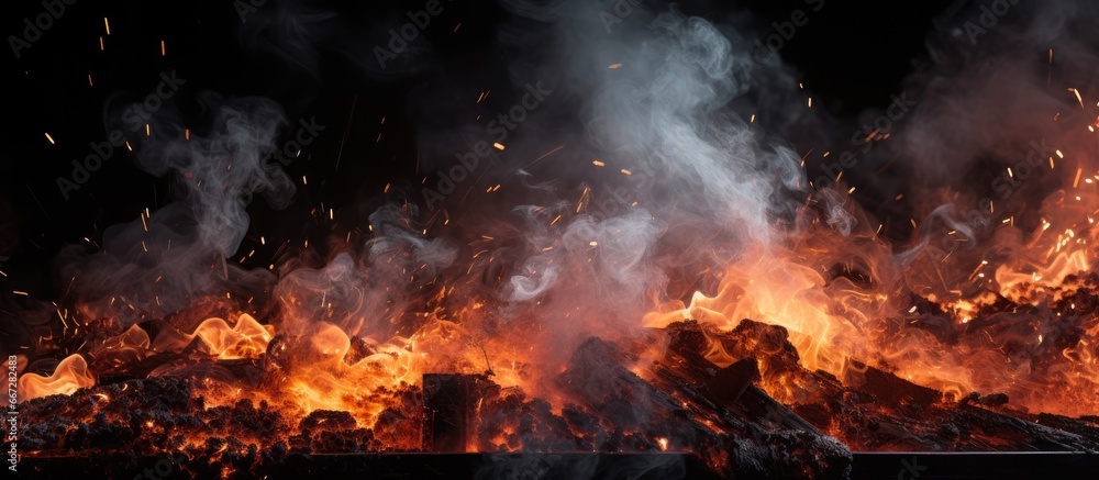 Intense smoky flames in close up during industrial copper welding