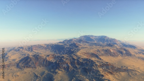 Mars like red planet, with arid landscape, rocky hills and mountains, for space exploration and science fiction backgrounds. 