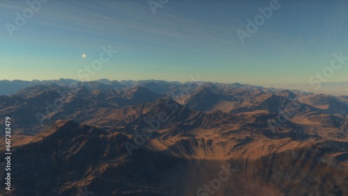 Mars like red planet, with arid landscape, rocky hills and mountains, for space exploration and science fiction backgrounds. 