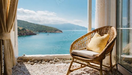 straw armchair near window with view on sea bay