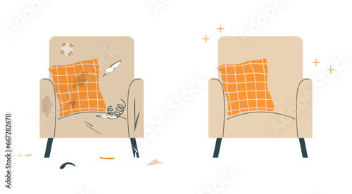 Dirty and clean new armchair. Chair before and after restoration. Old dirty and restored chair. Comparison concept. Broken and new furniture. Flat vector illustration isolated on white background.