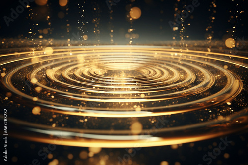 3d render of golden balls in water with ripples and waves