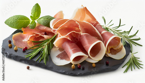 prosciutto slices arranged isolated on white background