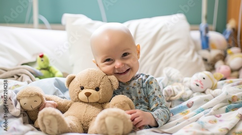 healthcare child and cancer patient portrait holding teddy bear