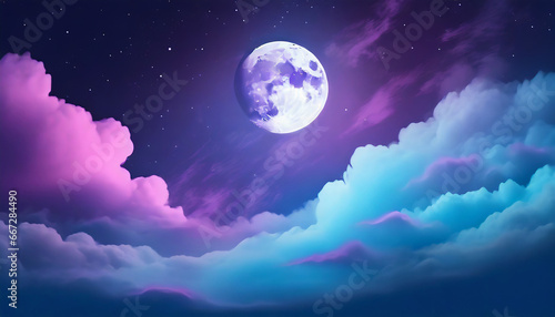 purple and blue gradient night mystical moonlight moon with fluffy magical clouds phone hd background wallpaper ai generated photo