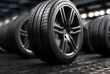 3D illustration of car tires on racetrack. Generative AI