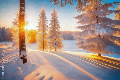 Winter snow landscape. Christmas background. Fir tree forest on ski mountain. Nature dawn sunrise light, sun in sunset sky Pine wood scenery beauty Cold blue color ice. Xmas travel morning snowy scene © raisondtre