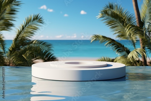 white round podium in swimming pool with palm trees and sea view. Mockup for Branding and Packaging Presentation. Product Advertising Podium On a Background with Copy Space.